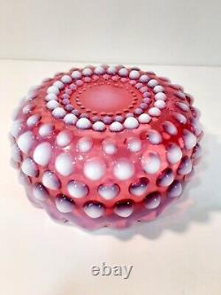 Vtg Rare Fenton Art Glass Cranberry Opalescent Pink Hobnail Lidded Candy Dish