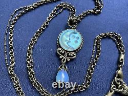 Vtg Sweet Romance USA Necklace Opalescent Cameo Glass Man Moon Pendant Necklace