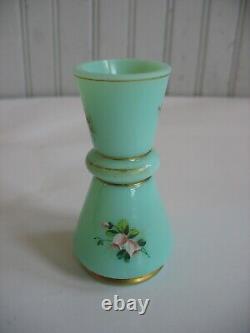 Vtg aqua blue Opaline glass 3 1/2 miniature vase Handpainted enamel milk glass