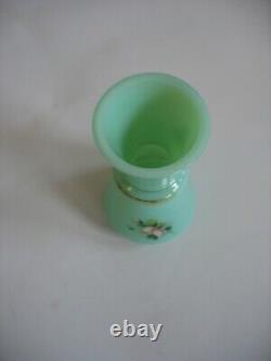 Vtg aqua blue Opaline glass 3 1/2 miniature vase Handpainted enamel milk glass