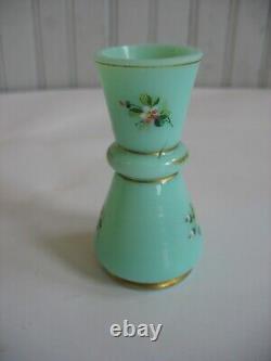Vtg aqua blue Opaline glass 3 1/2 miniature vase Handpainted enamel milk glass
