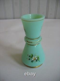 Vtg aqua blue Opaline glass 3 1/2 miniature vase Handpainted enamel milk glass