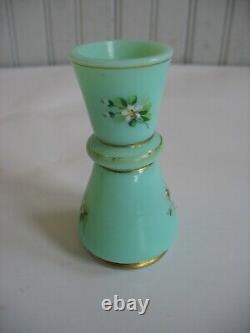 Vtg aqua blue Opaline glass 3 1/2 miniature vase Handpainted enamel milk glass