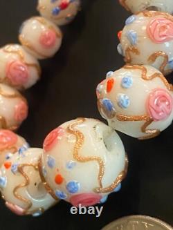 Vtg/early Venetien Murano Wedding Cake Opalescent Art Flower Glass Bead Necklace