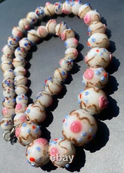 Vtg/early Venetien Murano Wedding Cake Opalescent Art Flower Glass Bead Necklace
