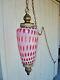 Working Vintage Fenton Cranberry Opalescent Coin Dot Hanging Lamp With 12' Chain