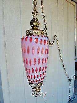 WORKING Vintage Fenton Cranberry Opalescent Coin Dot Hanging Lamp with 12' Chain
