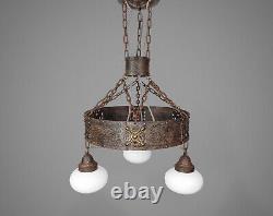 XL Antique Arts & Crafts Iron & Bronze Chandelier with Opaline Glass Shades
