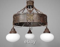 XL Antique Arts & Crafts Iron & Bronze Chandelier with Opaline Glass Shades