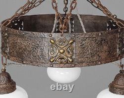 XL Antique Arts & Crafts Iron & Bronze Chandelier with Opaline Glass Shades