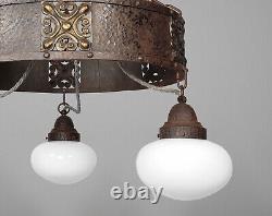 XL Antique Arts & Crafts Iron & Bronze Chandelier with Opaline Glass Shades