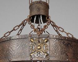 XL Antique Arts & Crafts Iron & Bronze Chandelier with Opaline Glass Shades