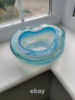 XL Vintage Murano Blue Opalescent Spiral Pattern & Clear Art Glass Bowl C1960's