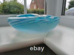 XL Vintage Murano Blue Opalescent Spiral Pattern & Clear Art Glass Bowl C1960's