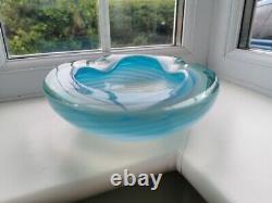 XL Vintage Murano Blue Opalescent Spiral Pattern & Clear Art Glass Bowl C1960's