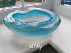 XL Vintage Murano Blue Opalescent Spiral Pattern & Clear Art Glass Bowl C1960's