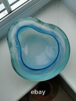 XL Vintage Murano Blue Opalescent Spiral Pattern & Clear Art Glass Bowl C1960's