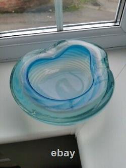 XL Vintage Murano Blue Opalescent Spiral Pattern & Clear Art Glass Bowl C1960's
