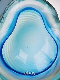 XL Vintage Murano Blue Opalescent Spiral Pattern & Clear Art Glass Bowl C1960's