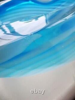 XL Vintage Murano Blue Opalescent Spiral Pattern & Clear Art Glass Bowl C1960's