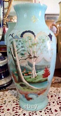 12 Vase en verre opalin victorien antique peint à la main scène pastorale champêtre