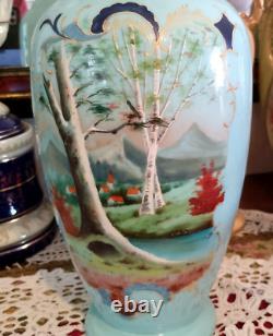 12 Vase en verre opalin victorien antique peint à la main scène pastorale champêtre