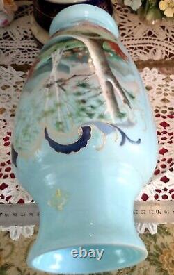 12 Vase en verre opalin victorien antique peint à la main scène pastorale champêtre