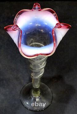 1800's Antique Cranberry Victorienne Opalescent Rigaree Art Glass Trompette Vase