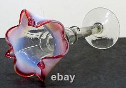 1800's Antique Cranberry Victorienne Opalescent Rigaree Art Glass Trompette Vase