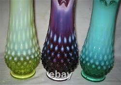 3 Vases vintage Fenton Hobnail Opalescent en forme de fleur: Topaze, Vaseline, Prune, Vert.