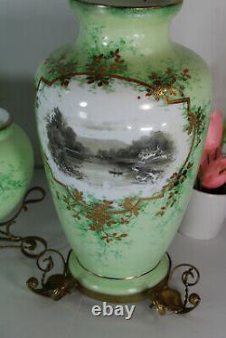 Ancien Art Nouveau Français Vases En Verre Opaline Décors Paysage