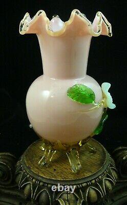 Ancien Bohème Victorien Harrach Vase En Verre D'art Rose Appliqué Fleur Opalescent
