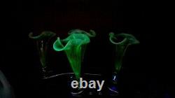 Ancien Verre D'art Victorien 4 Lily Vaseline Opalescent Epergne Glows Black Light