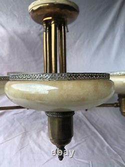 Antique Art Deco Opalescent Slip Shade Semi-flush Suspension Chandelier Restore