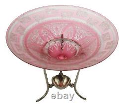Antique Baccarat French Glass Pink Flash Acid Imprimé Comport Silver Plate Stand
