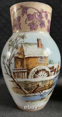 Antique Bohème Française Paysage Scène Vases En Verre Opaline Manteau