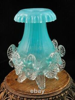 Antique Bohême Harrach Appliqué Bleu Opalescent Art Vase Floriforme En Verre