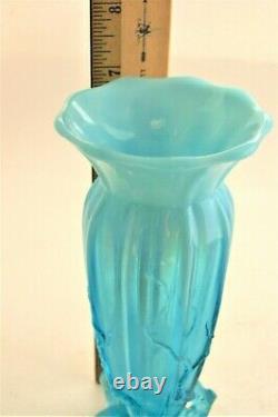 Antique Dugan Blue Opalescent Twig Art Vase En Verre Cuspidor 1898