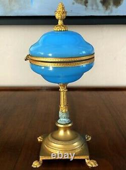 Antique French Opaline Blue Glass Lidded Footed Or Gilt Ormolu Box Jar Comme Est