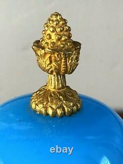 Antique French Opaline Blue Glass Lidded Footed Or Gilt Ormolu Box Jar Comme Est