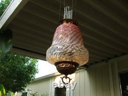 Antique Gwtw Victorian Hanging Hall Entry Lamp, Pink Opalescent Swirl Art Glass