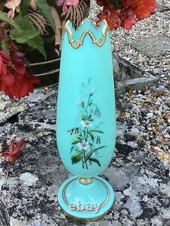 Antique Harrach Fleurs Émaillées Turquoise Perle Vase 19ème C Bohème Opaline