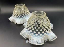 Antique Main Victorienne Soufflé Blanc Opalescent Hobnail Art Glass Lamp Shades Paire