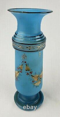 Antique Pontil Bristol Verre Opaline Bleu Harrach Vase Peint À La Main En Or Enamels
