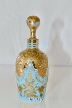 Antique Rare Moser1880s Petite Bouteille De Parfum Bleu Opaline Gilt En Verre Émaillé