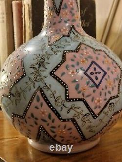Antique Victorien Thomas Webb Émaillé Modèle Marocain Rose Bleu Opaline Vase