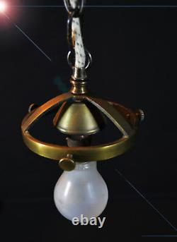 Art Déco Bronze Début Opaline Plafond De Verre De Lait Pendentif Lumière Bol Peint À La Main
