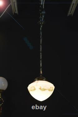 Art Déco Bronze Début Opaline Plafond De Verre De Lait Pendentif Lumière Bol Peint À La Main