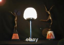Art Déco Des Années 1940 Lampe De Bureau De Base Colonne Tubulaire Renforcé Géométrique Opaline Ombre