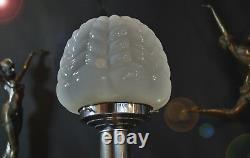 Art Déco Des Années 1940 Lampe De Bureau De Base Colonne Tubulaire Renforcé Géométrique Opaline Ombre